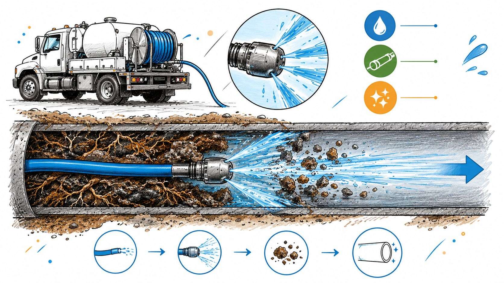A diagram illustrating how a hydro jetting truck cleans clogged underground sewer pipes using high-pressure water streams.